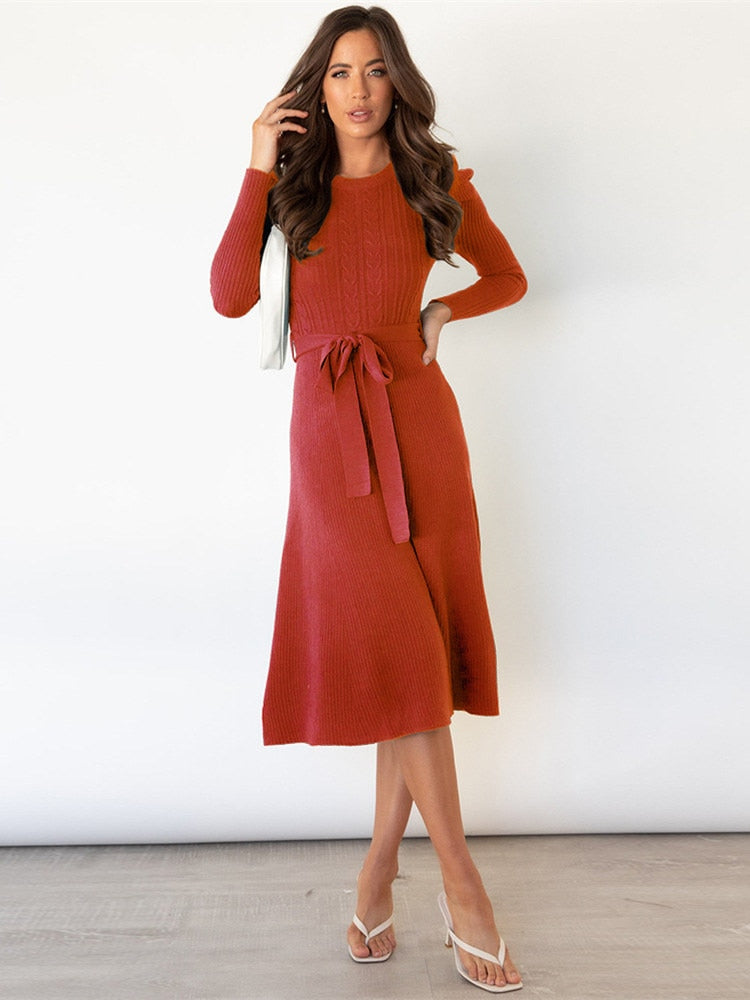 Arisa | Gebreide Midi Jurk met Tailleceintuur