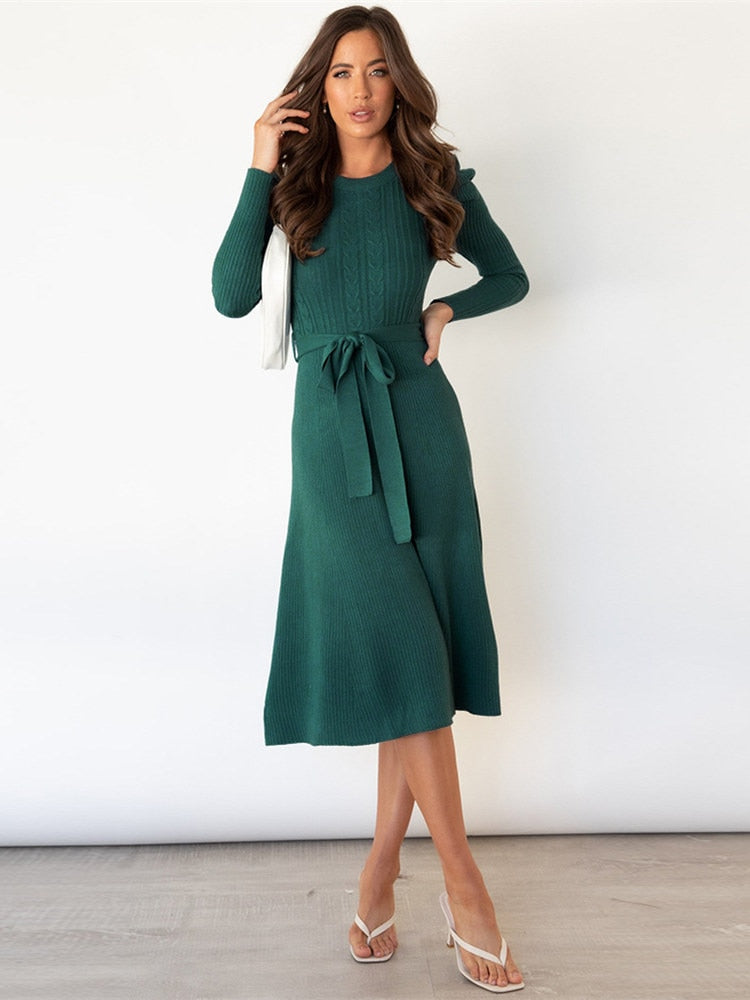 Arisa | Gebreide Midi Jurk met Tailleceintuur