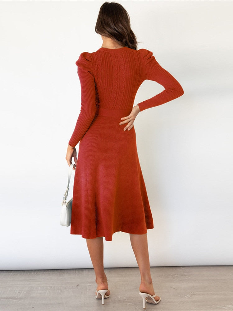 Arisa | Gebreide Midi Jurk met Tailleceintuur