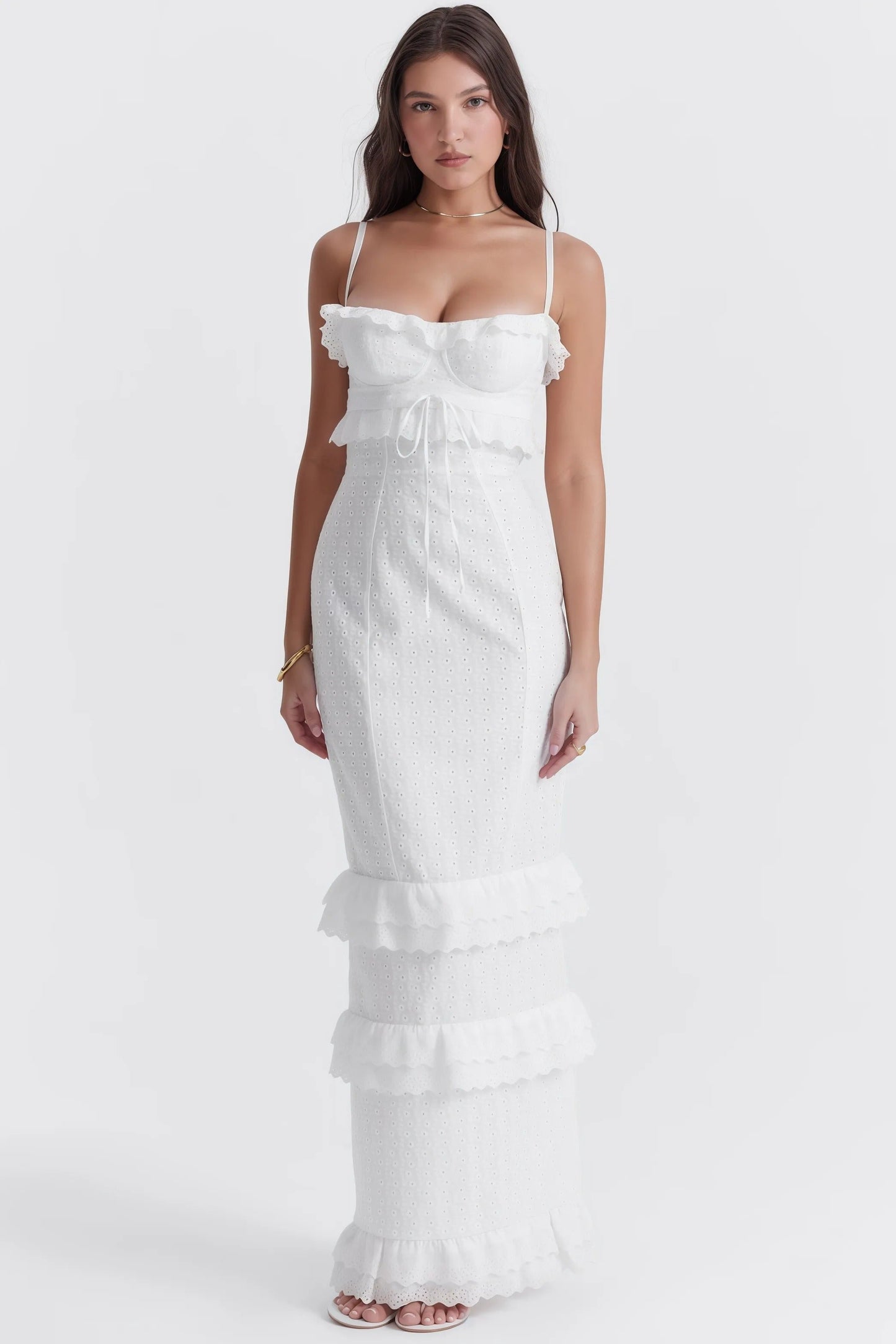 Harla | Broderie Maxi Jurk met Romantische Volants
