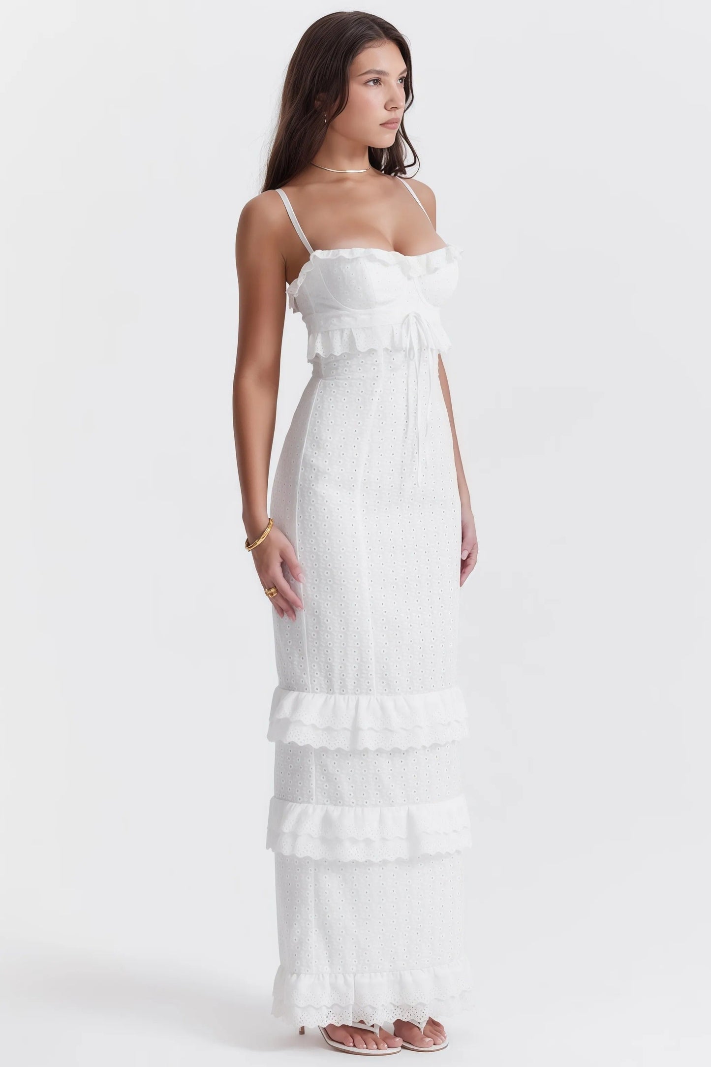 Harla | Broderie Maxi Jurk met Romantische Volants