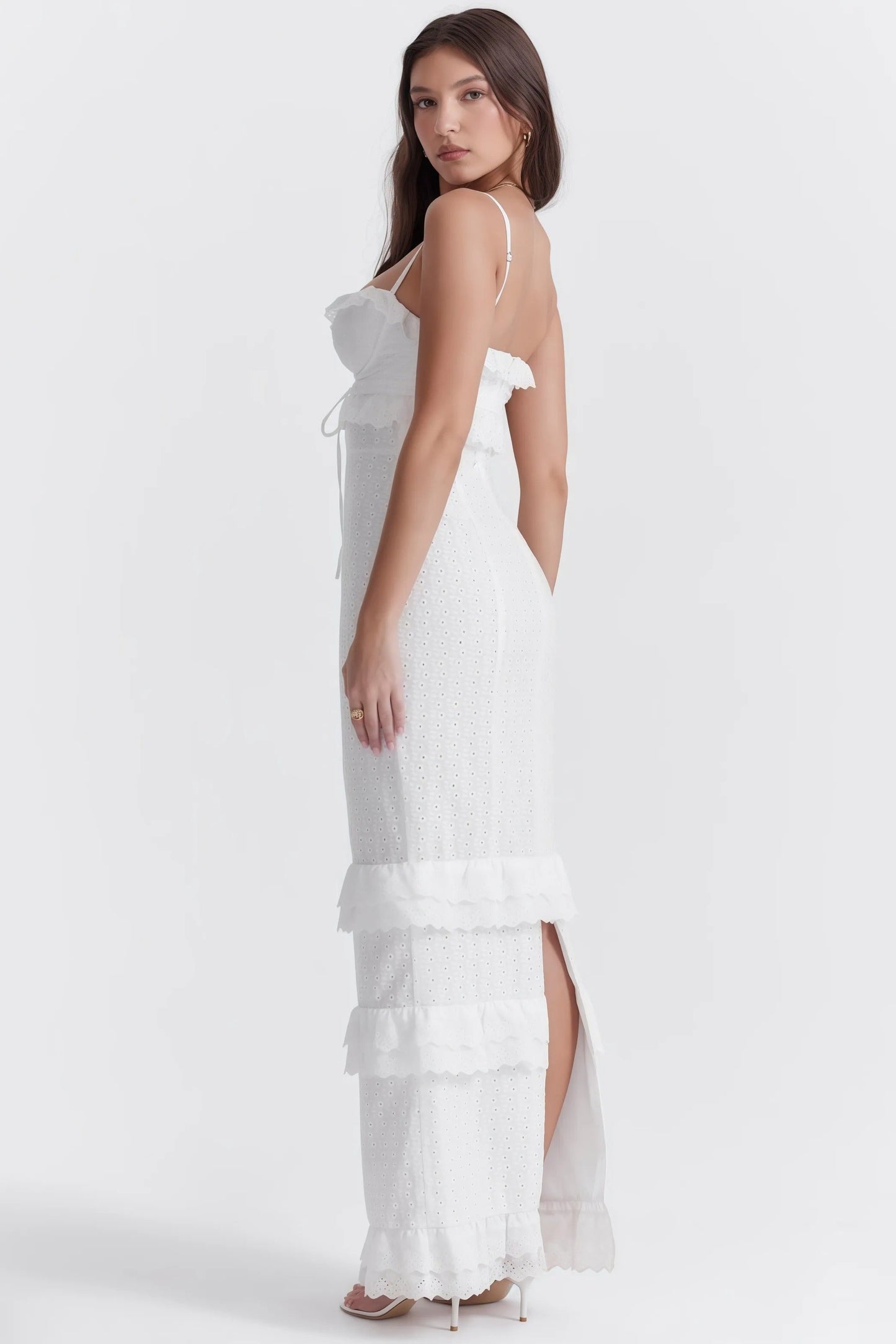 Harla | Broderie Maxi Jurk met Romantische Volants