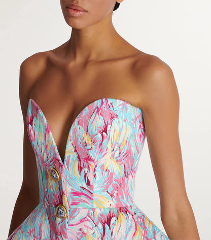 Britani | Strapless Sculpted Mini Jurk met Statement Knopen