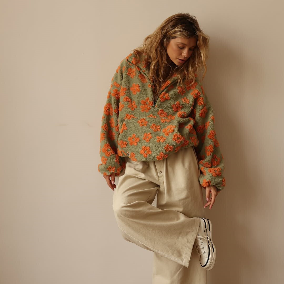 Dames Oversized Fleece Trui met Bloemenprint en Rits
