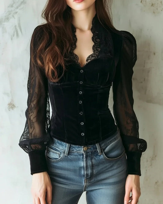 Stijlvolle Dames Kant Blouse Met Lange Mouwen En Knoopsluiting