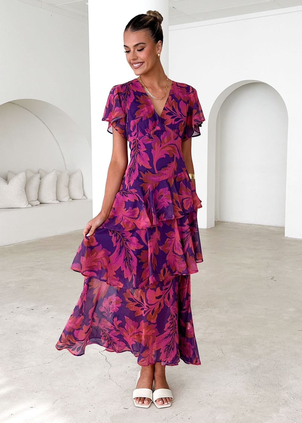 Purple Leaf Print Tiered Maxi Dress - Aqua