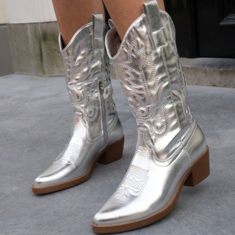 Jancy | Metallic Western Boots with Low Heel and Embroidery