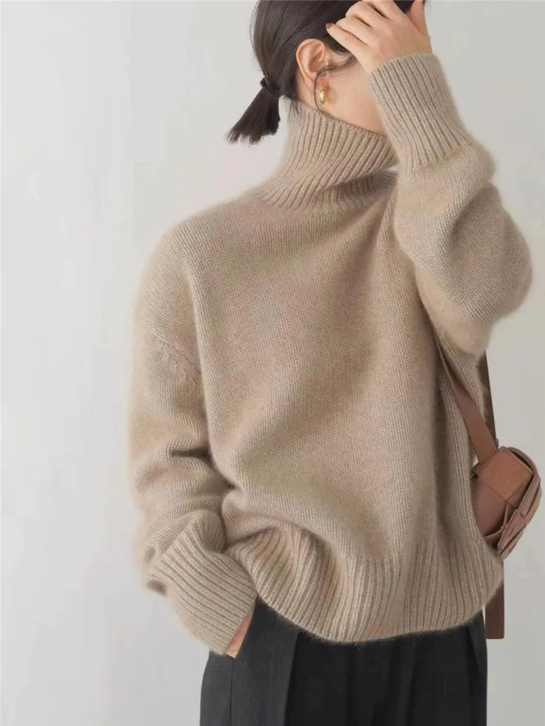 Genevieve oversized turtleneck sweater in khaki, back view
