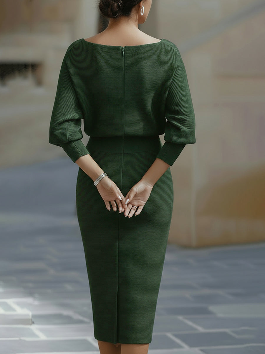 Chique Dames Bodycon Midi Jurk Met Lange Mouwen En Boothals