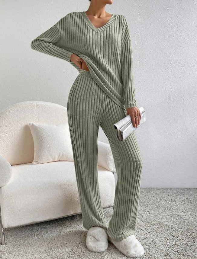 Zachte Geribde Dames Loungewear Set met Trui en Wijde Broek