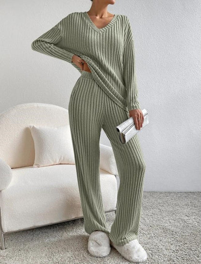 Zachte Geribde Dames Loungewear Set met Trui en Wijde Broek