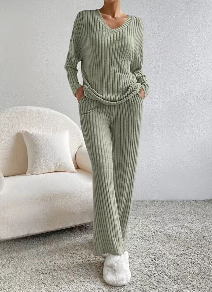 Zachte Geribde Dames Loungewear Set met Trui en Wijde Broek