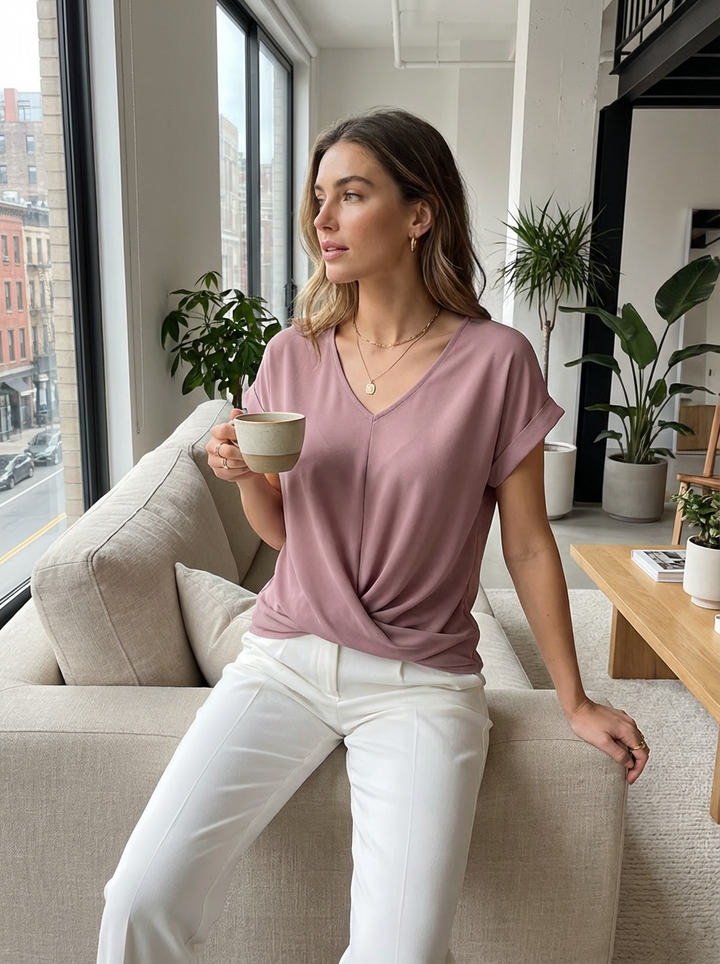 Casual Women's Blouse with V Neck and Twisted Front