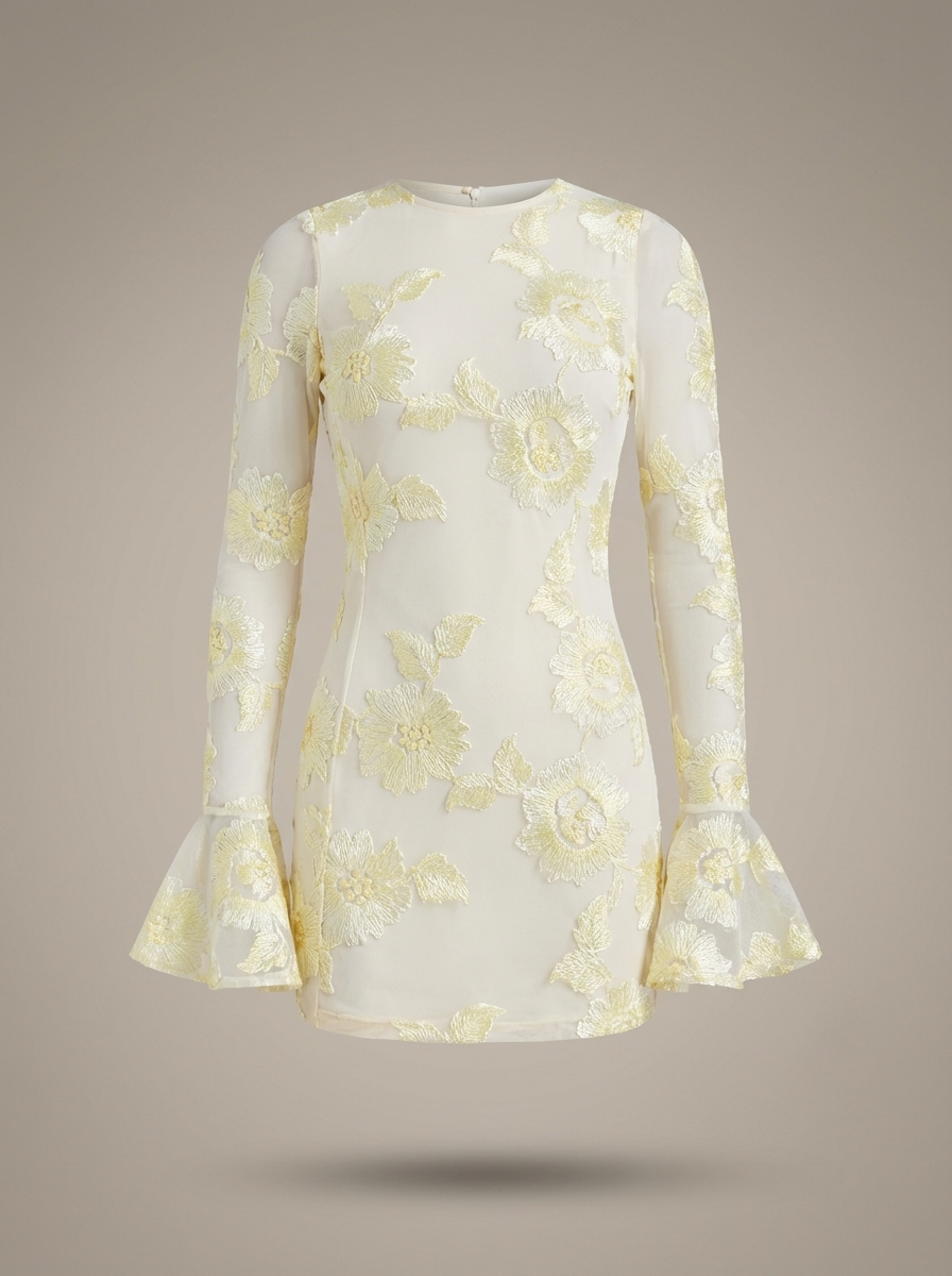 Świąteczna mini sukienka damska z kwiatowym nadrukiem i rozkloszowanymi rękawami