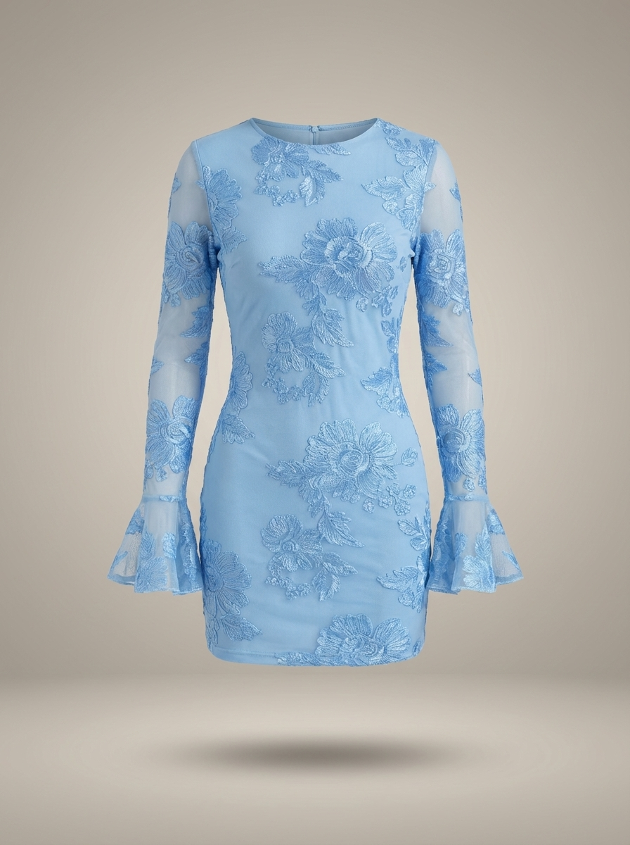 Świąteczna mini sukienka damska z kwiatowym nadrukiem i rozkloszowanymi rękawami