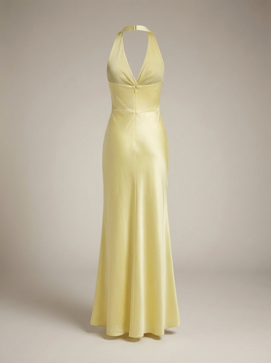 Luxe Women's Yellow Satin Halter Maxi Dress with Twisted Neckline
