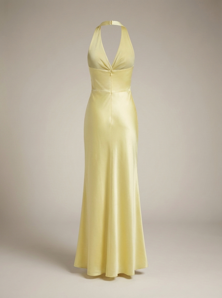 Luxe Women's Yellow Satin Halter Maxi Dress with Twisted Neckline