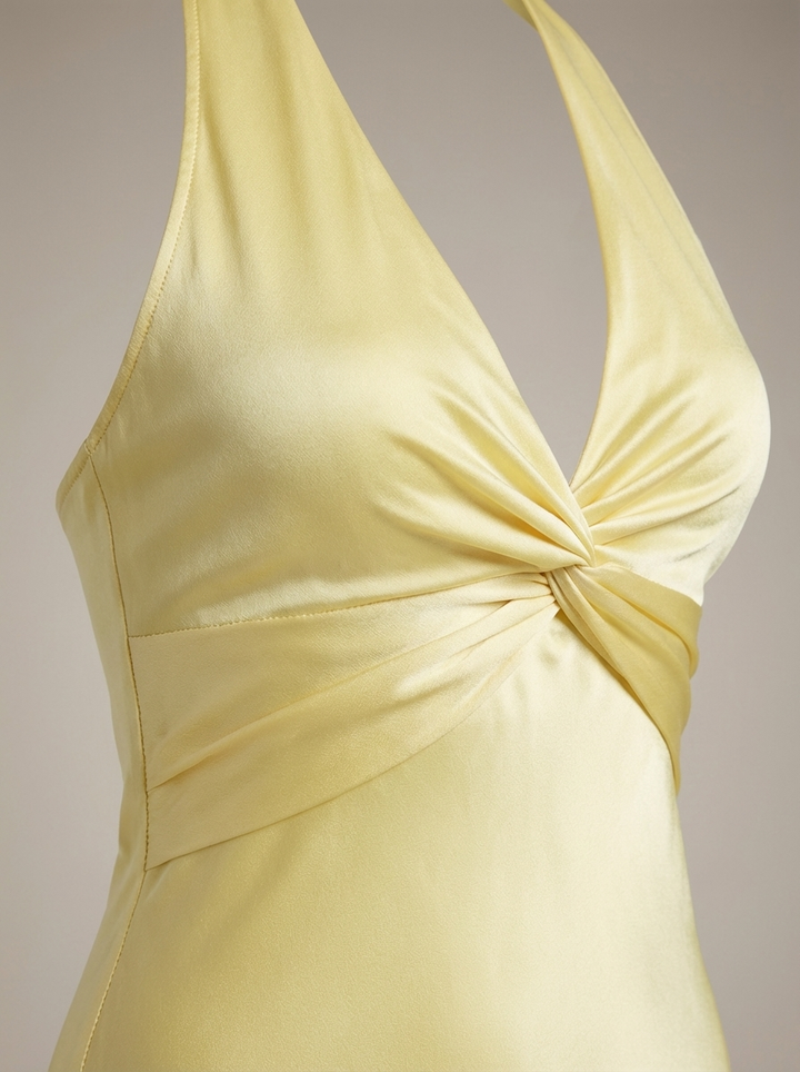 Luxe Women's Yellow Satin Halter Maxi Dress with Twisted Neckline
