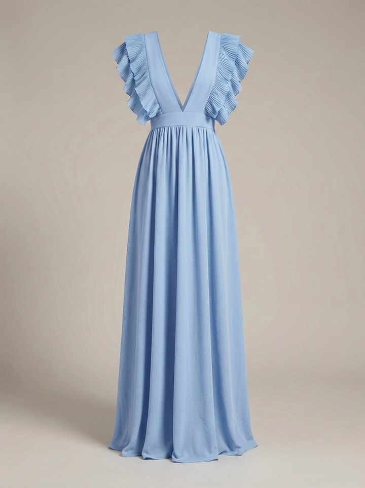 Zwiewna sukienka maxi damska z falbanami i głębokim dekoltem w serek