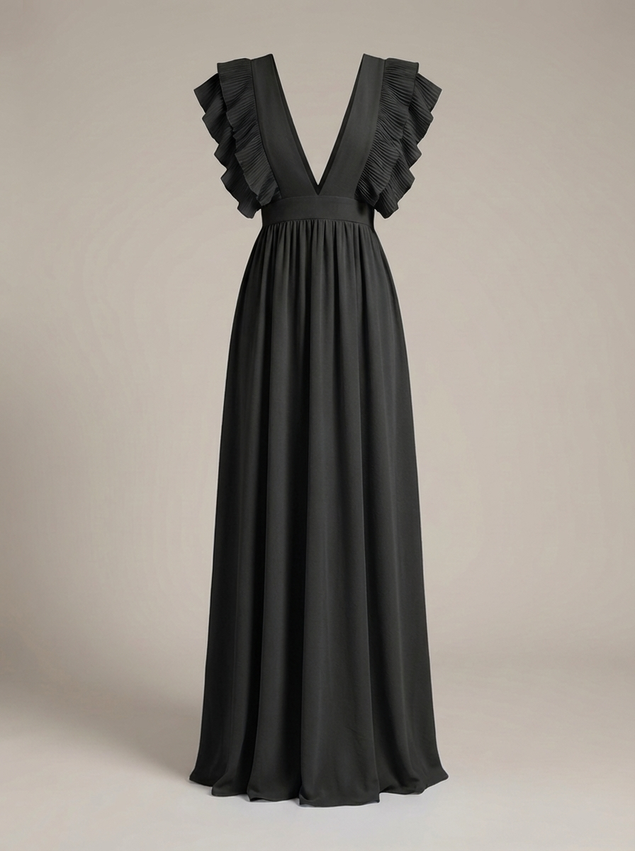 Zwiewna sukienka maxi damska z falbanami i głębokim dekoltem w serek