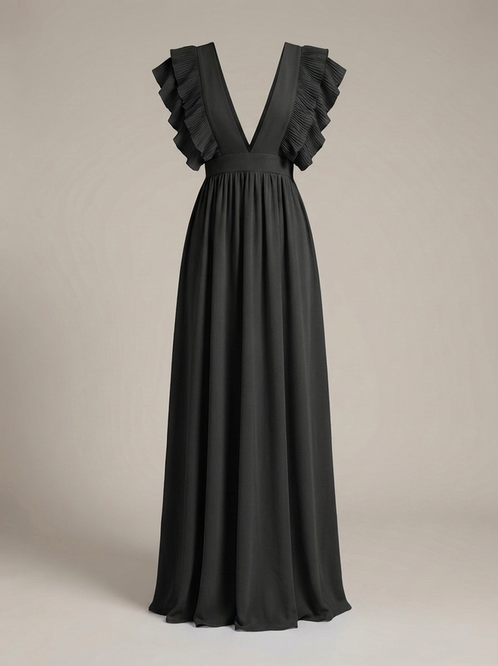 Zwiewna sukienka maxi damska z falbanami i głębokim dekoltem w serek