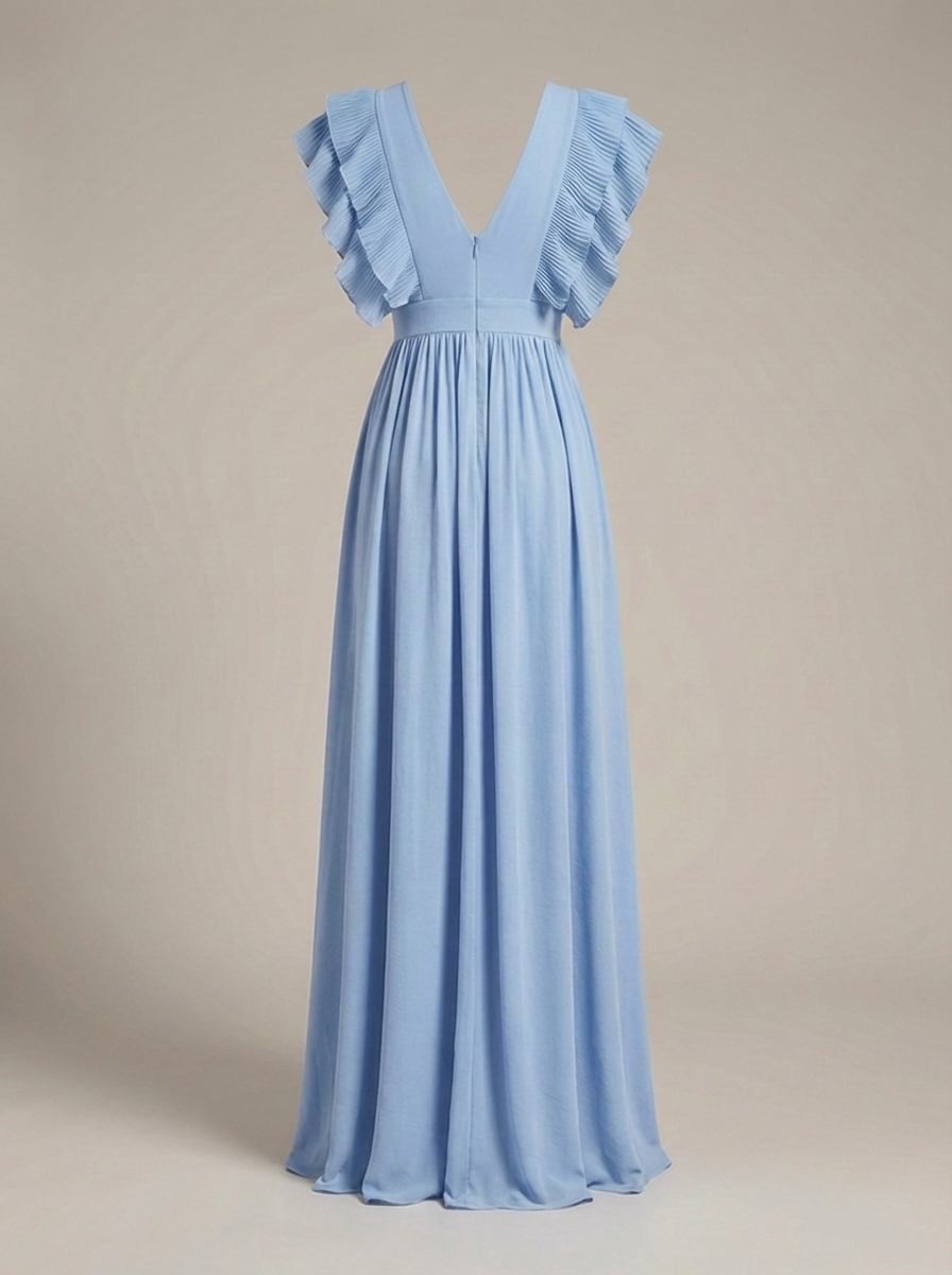 Zwiewna sukienka maxi damska z falbanami i głębokim dekoltem w serek