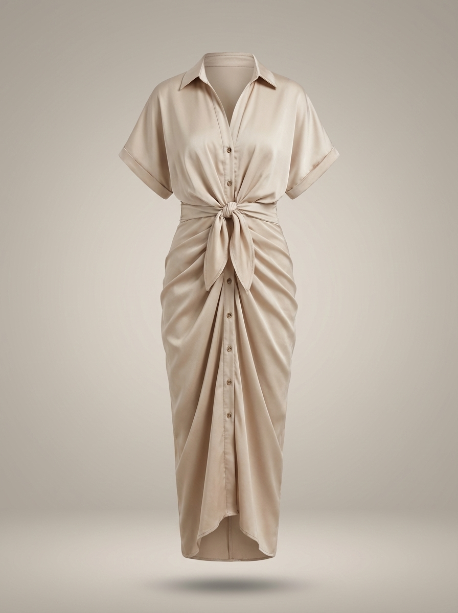 Robe chemise midi chic pour femmes avec ceinture nouée à la taille et fermeture à boutons