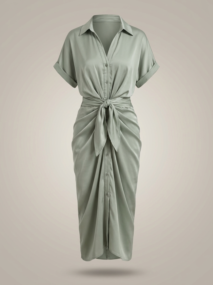 Robe chemise midi chic pour femmes avec ceinture nouée à la taille et fermeture à boutons