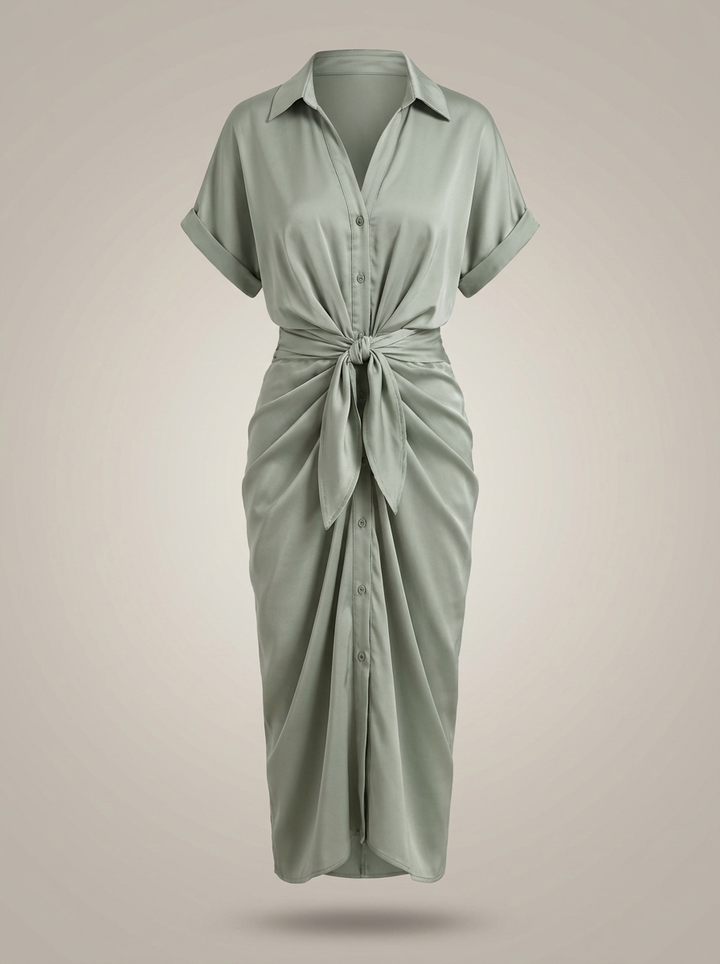 Robe chemise midi chic pour femmes avec ceinture nouée à la taille et fermeture à boutons