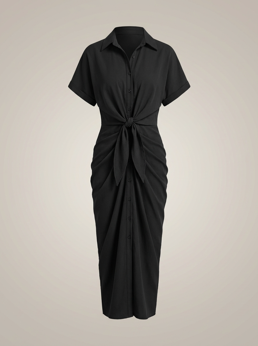 Robe chemise midi chic pour femmes avec ceinture nouée à la taille et fermeture à boutons