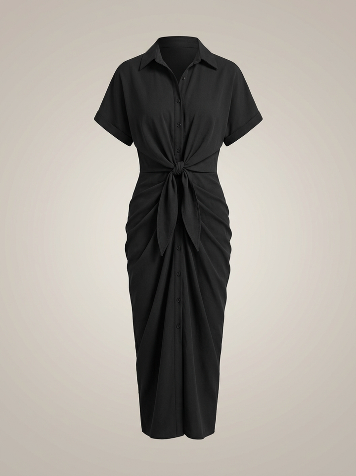 Robe chemise midi chic pour femmes avec ceinture nouée à la taille et fermeture à boutons