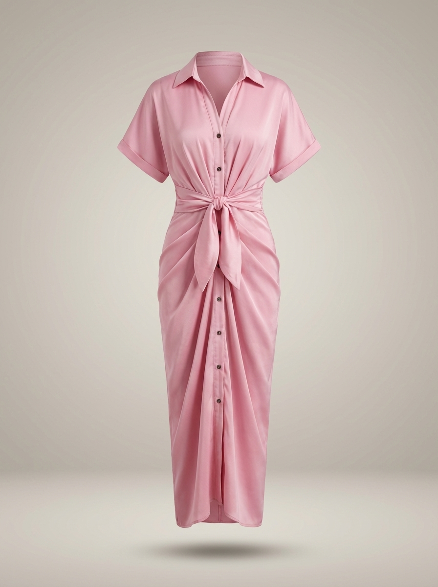 Robe chemise midi chic pour femmes avec ceinture nouée à la taille et fermeture à boutons