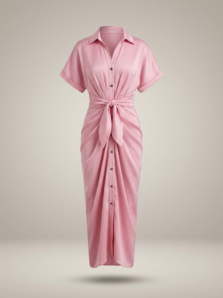 Robe chemise midi chic pour femmes avec ceinture nouée à la taille et fermeture à boutons