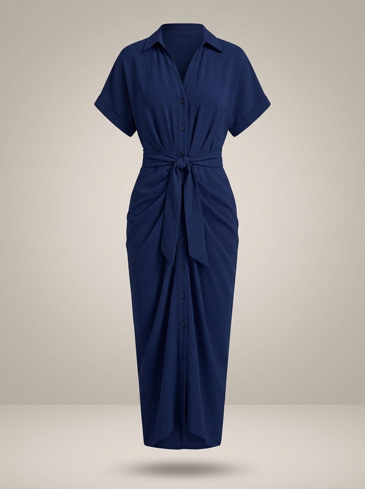 Robe chemise midi chic pour femmes avec ceinture nouée à la taille et fermeture à boutons