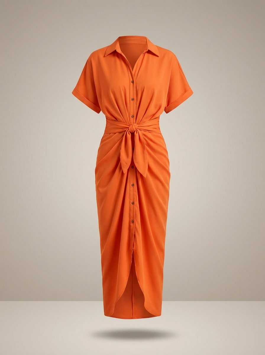 Robe chemise midi chic pour femmes avec ceinture nouée à la taille et fermeture à boutons