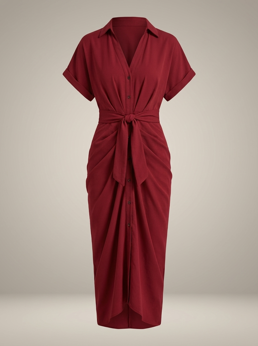 Robe chemise midi chic pour femmes avec ceinture nouée à la taille et fermeture à boutons