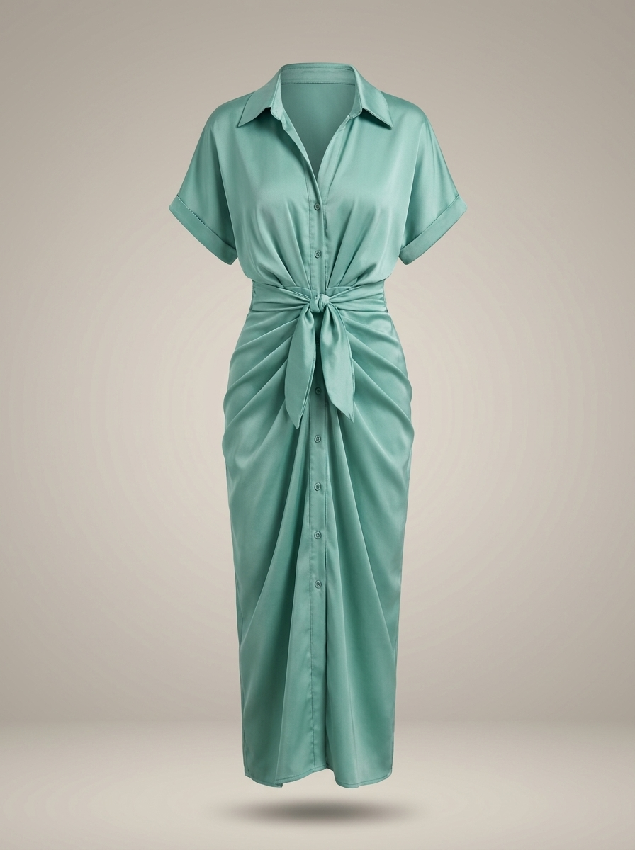 Robe chemise midi chic pour femmes avec ceinture nouée à la taille et fermeture à boutons