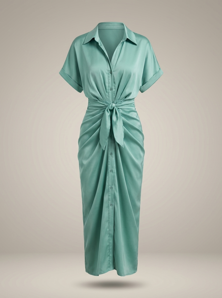 Robe chemise midi chic pour femmes avec ceinture nouée à la taille et fermeture à boutons