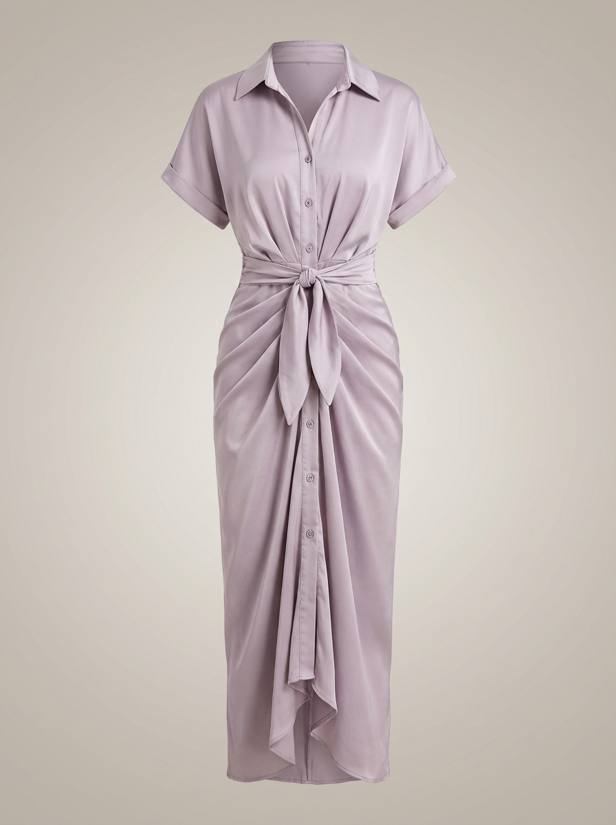 Robe chemise midi chic pour femmes avec ceinture nouée à la taille et fermeture à boutons