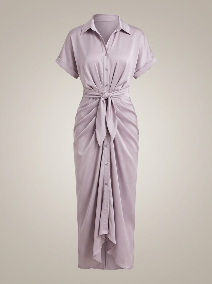 Robe chemise midi chic pour femmes avec ceinture nouée à la taille et fermeture à boutons