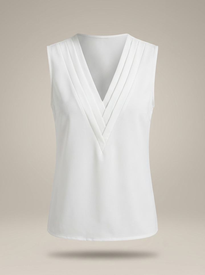 Women's Sleeveless Blouse with V-Neck and Pleated Details