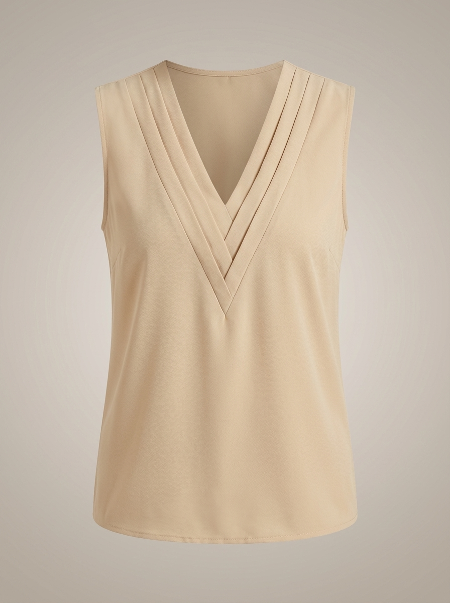 Women's Sleeveless Blouse with V-Neck and Pleated Details