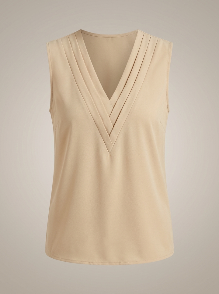 Women's Sleeveless Blouse with V-Neck and Pleated Details