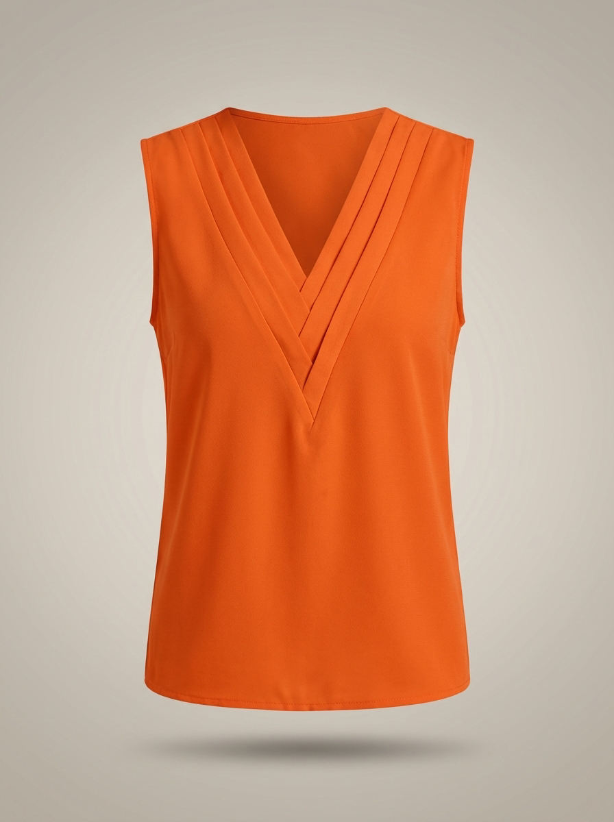 Women's Sleeveless Blouse with V-Neck and Pleated Details