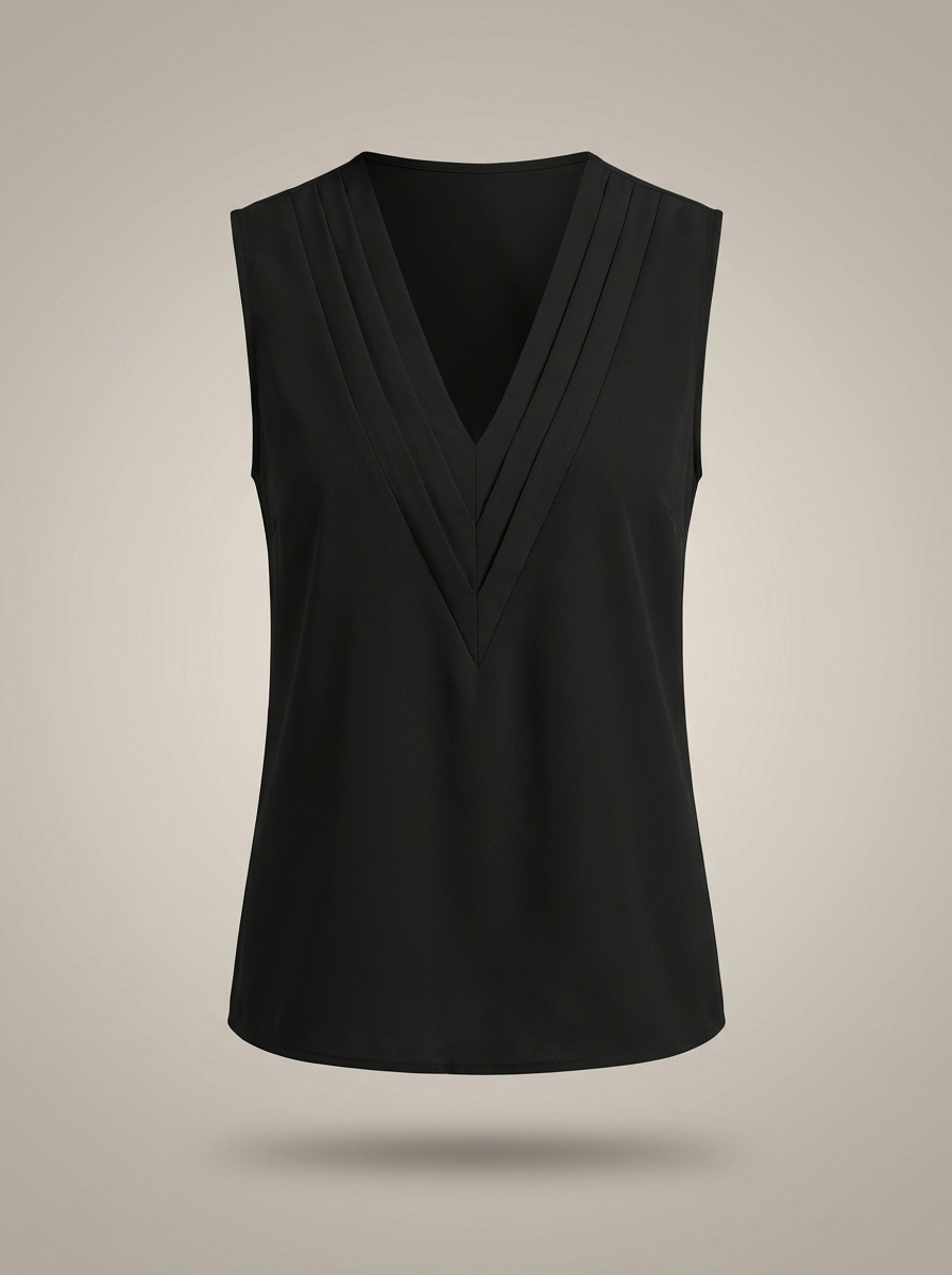 Women's Sleeveless Blouse with V-Neck and Pleated Details