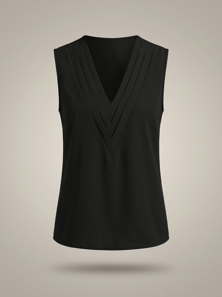Women's Sleeveless Blouse with V-Neck and Pleated Details