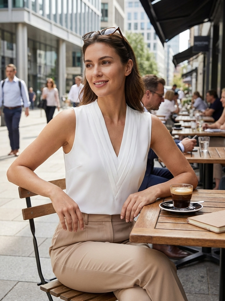 Women's Sleeveless Blouse with V-Neck and Pleated Details
