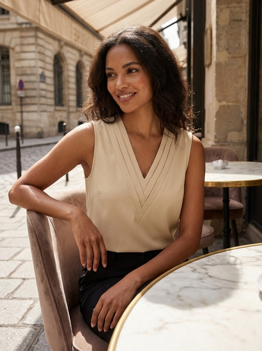 Women's Sleeveless Blouse with V-Neck and Pleated Details
