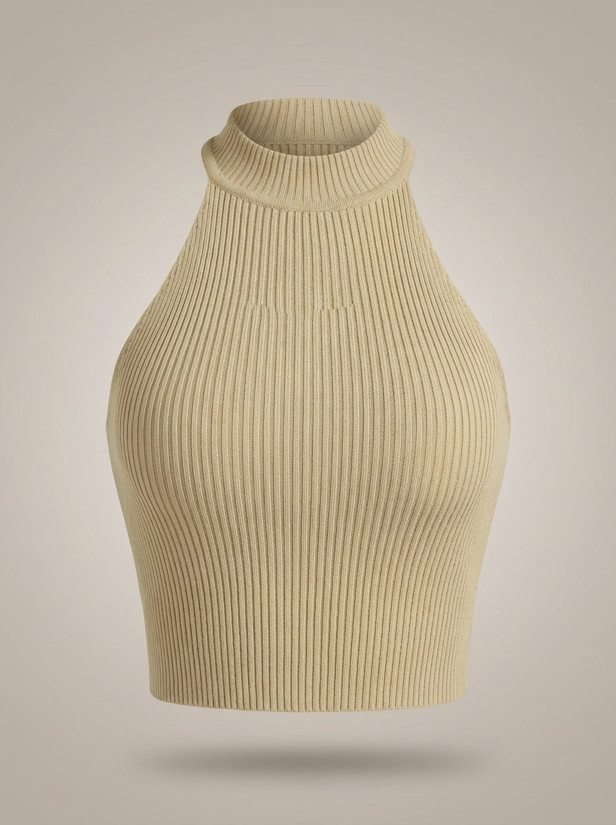 Stylowy damski krótki top halter z wysokim kołnierzem i prążkowanym detalem