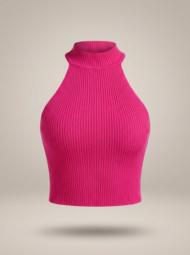 Stylowy damski krótki top halter z wysokim kołnierzem i prążkowanym detalem